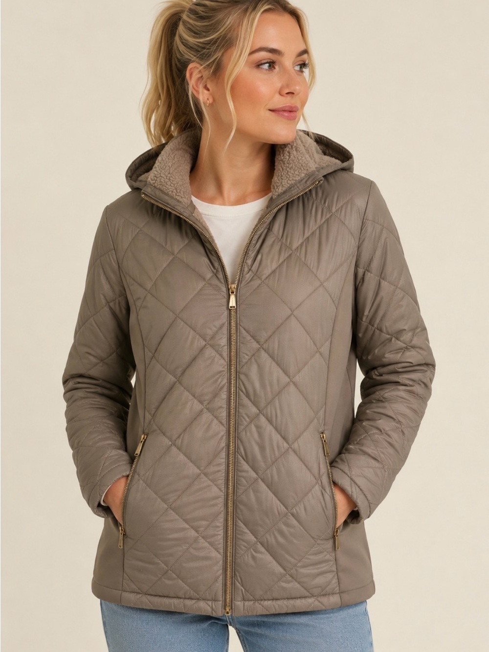 BCBGeneration Taupe Puffer Coat Packable Hood Gold Hardware Large